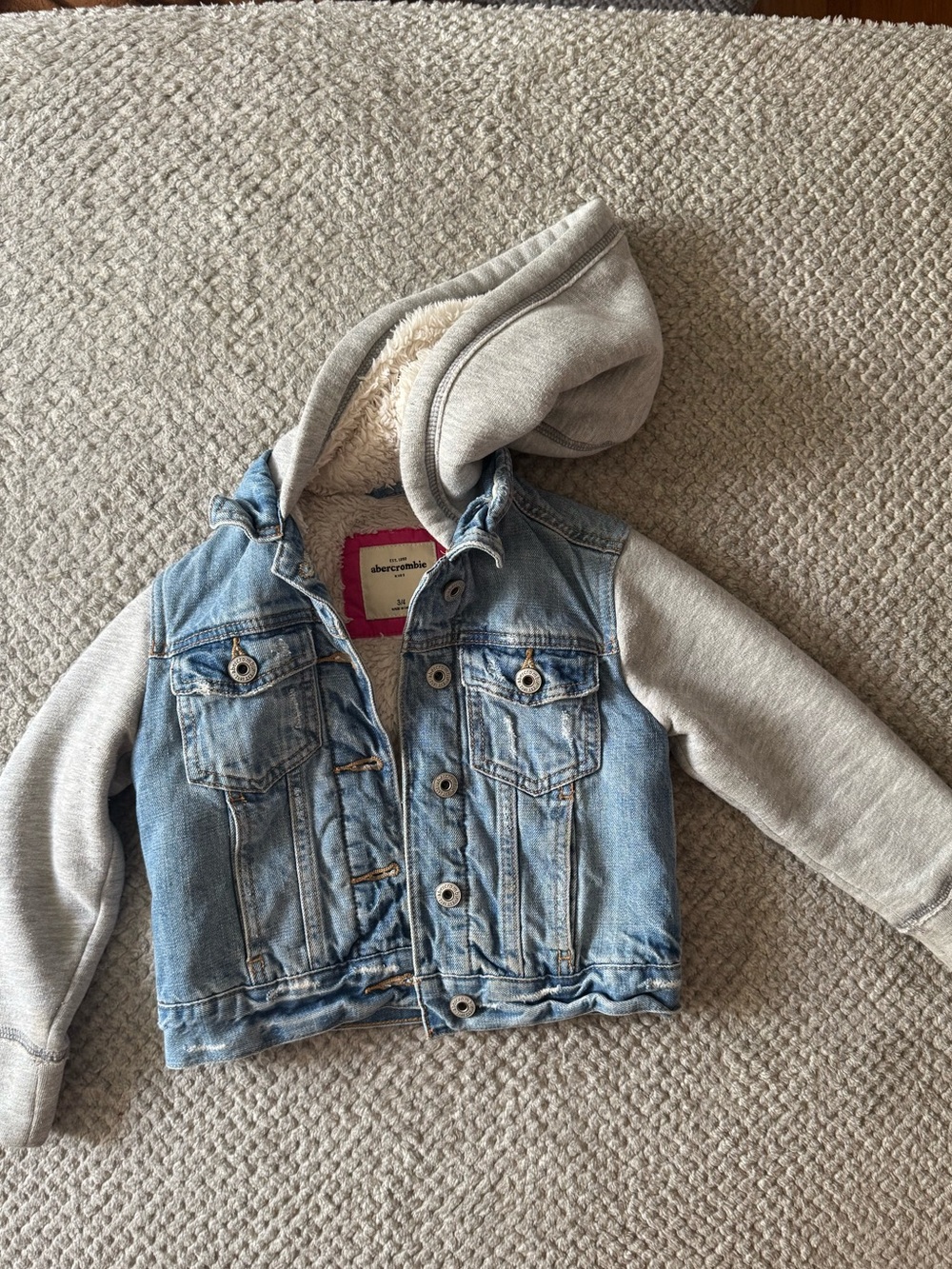 Abercrombie & Fitch Kids Light Blue Denim Jacket with Gray Hoodie Sleeves